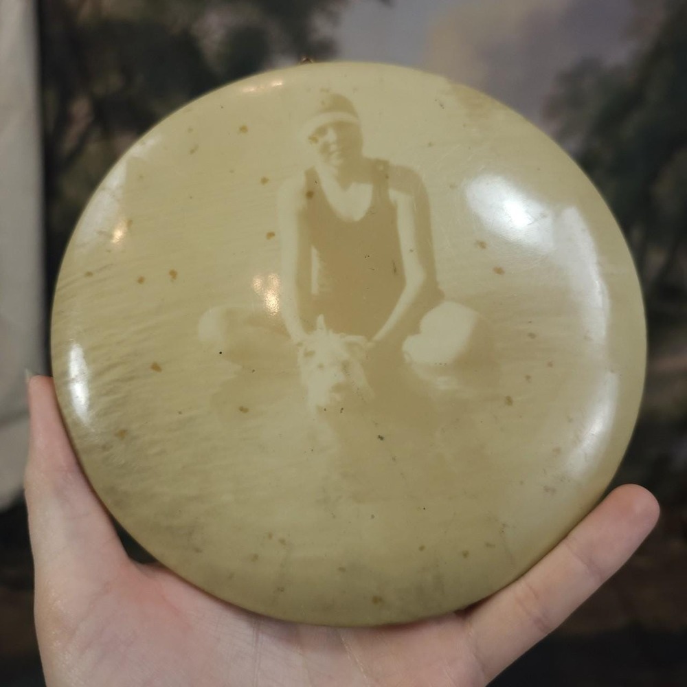 Antique 1920s Celluloid Large‎ Circle Photo Of Dog and Lady in Water Metal Disc